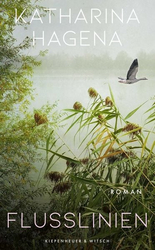 Buchcover von »Flusslinien«. Ein Flussufer mit verschiedenen Pflanzen im Vordergrund. Rechts fliegt eine Gans vorbei.