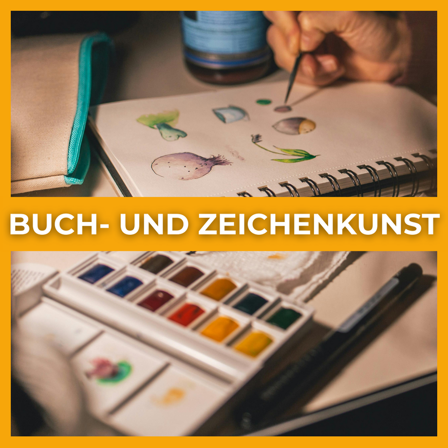 Aquarellkasten und Hand die in ein Skizzenbuch malt